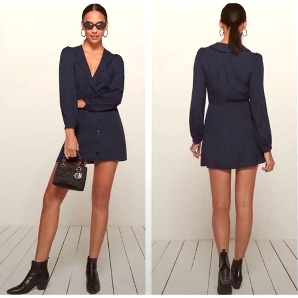 Reformation Women’s 6 Navy Blue Woodbury Button Up Long Sleeve Mini Dress
